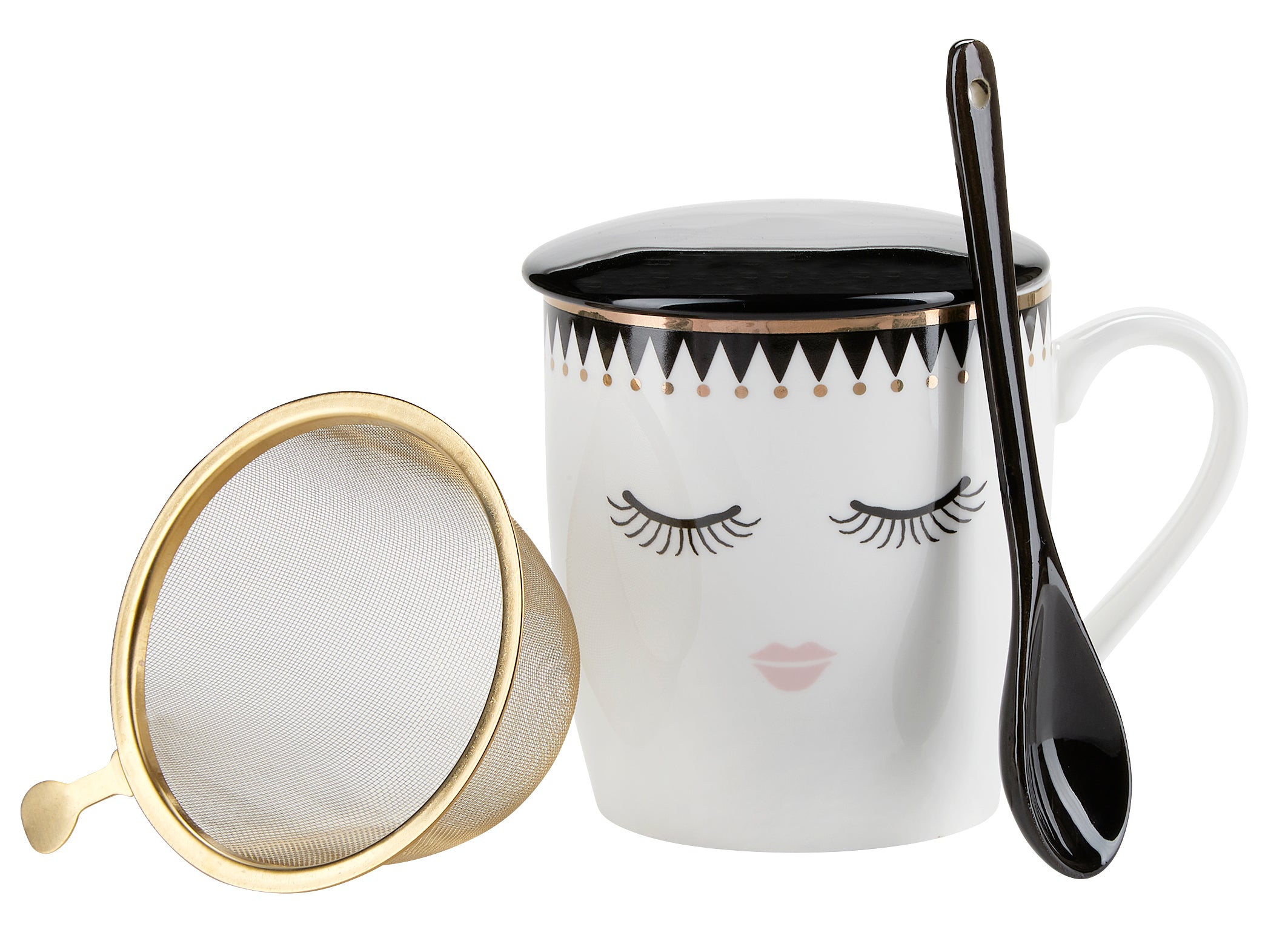 Tekrus med låg, ske og si, gavesæt - Black/White